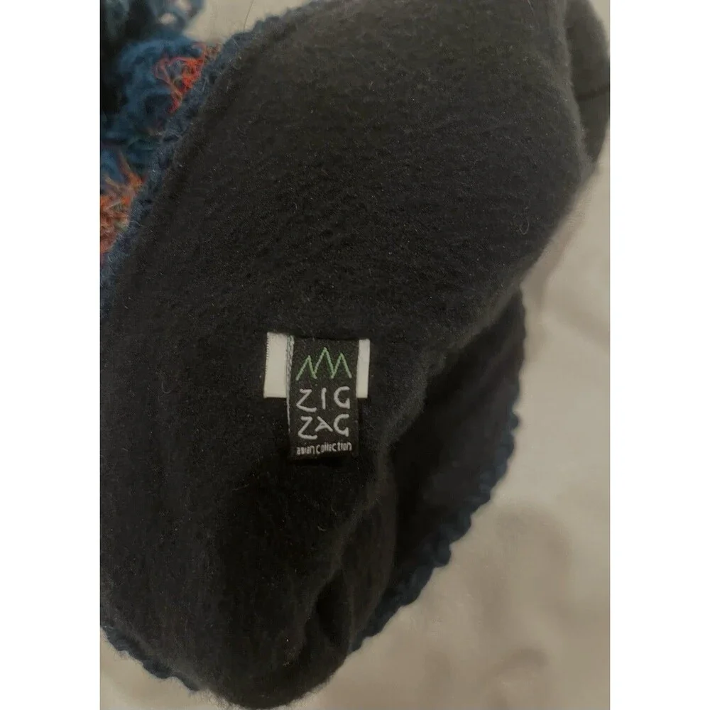 Zig Zag 100% Wool Fleece Lined Winter Ski Hat Pom Pom Made In Nepal